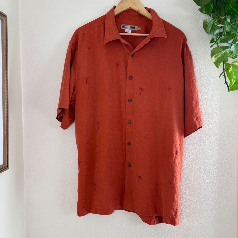Quicksilver Hawaiian button down short sleeve shirt orange palm trees silk XXL